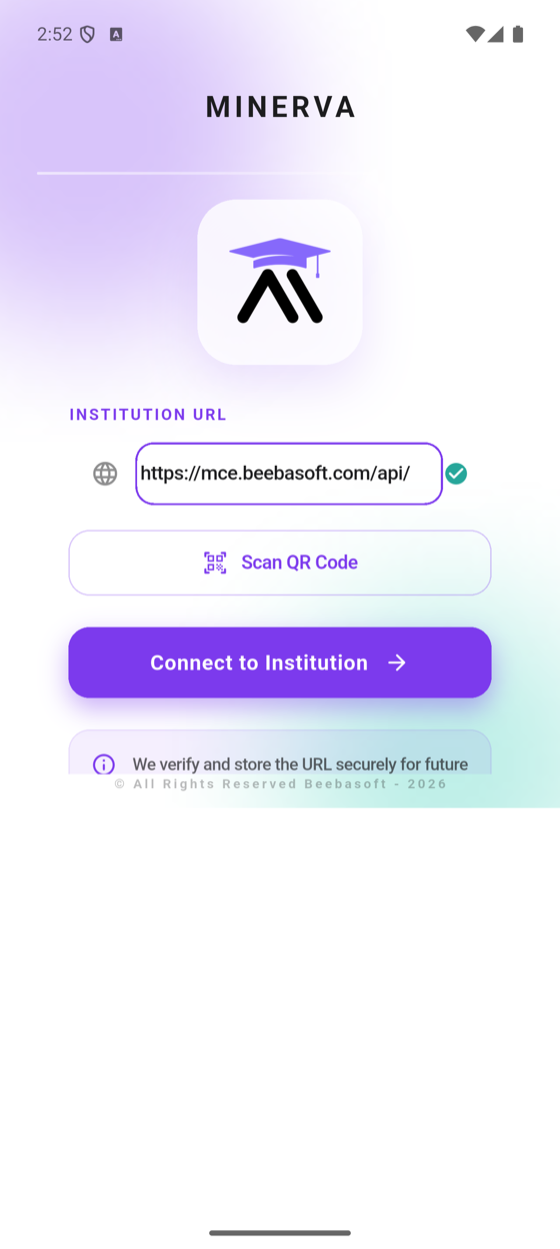 Institution URL filled in with a green verification tick and the Connect to Institution button enabled