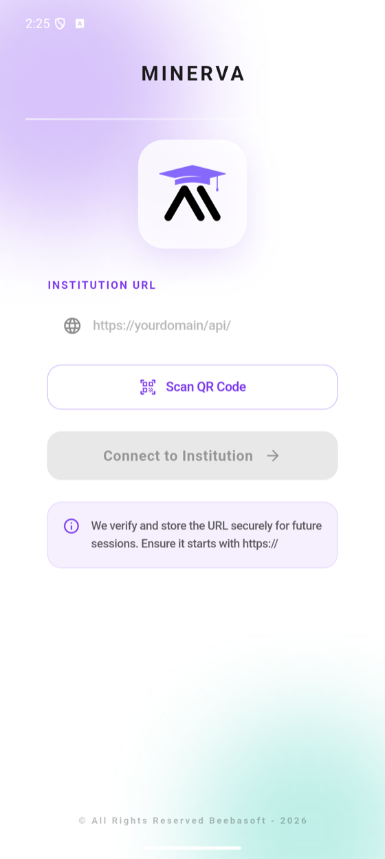 Minerva app setup screen with the Scan QR Code button