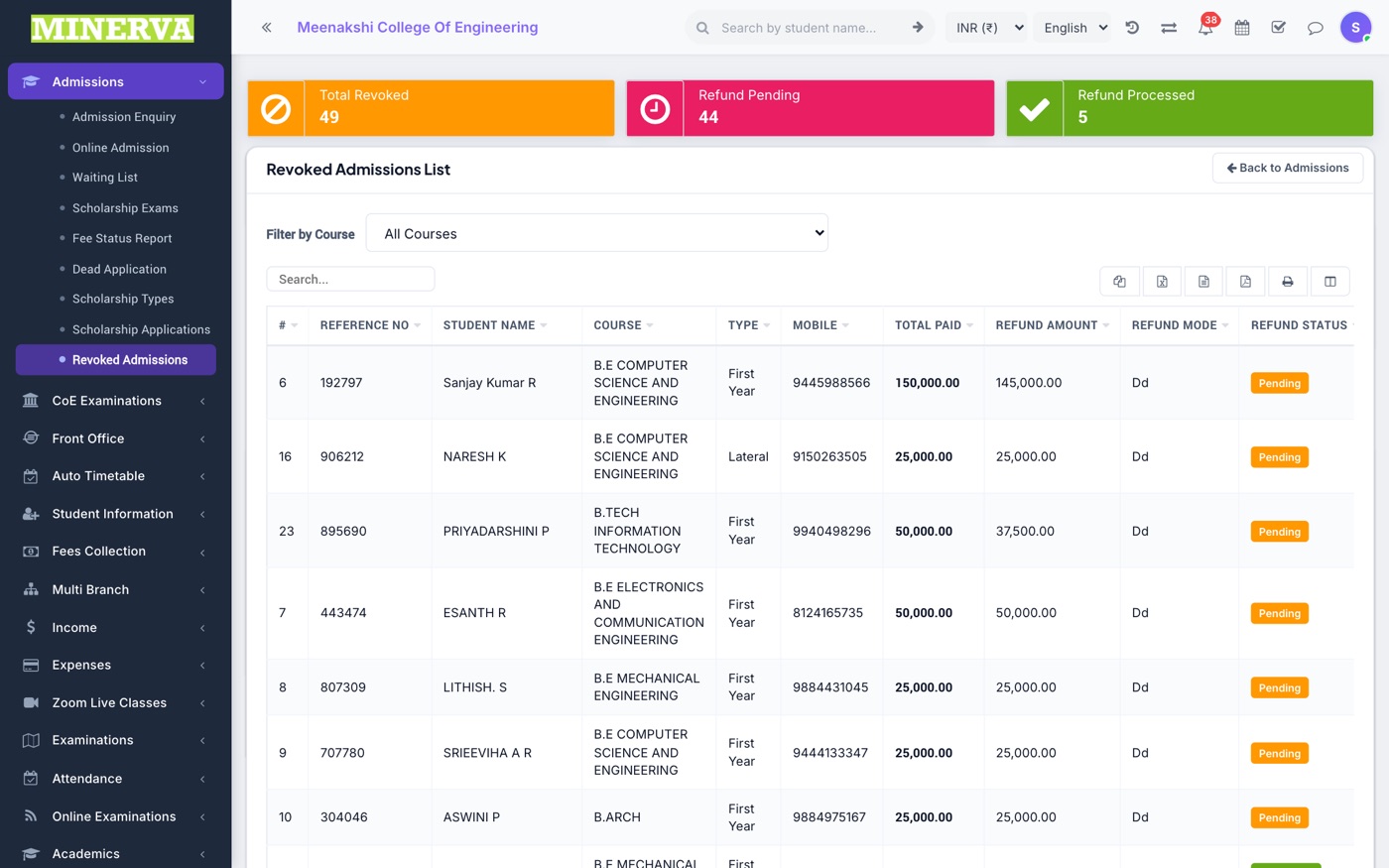 Revoked Admissions screen