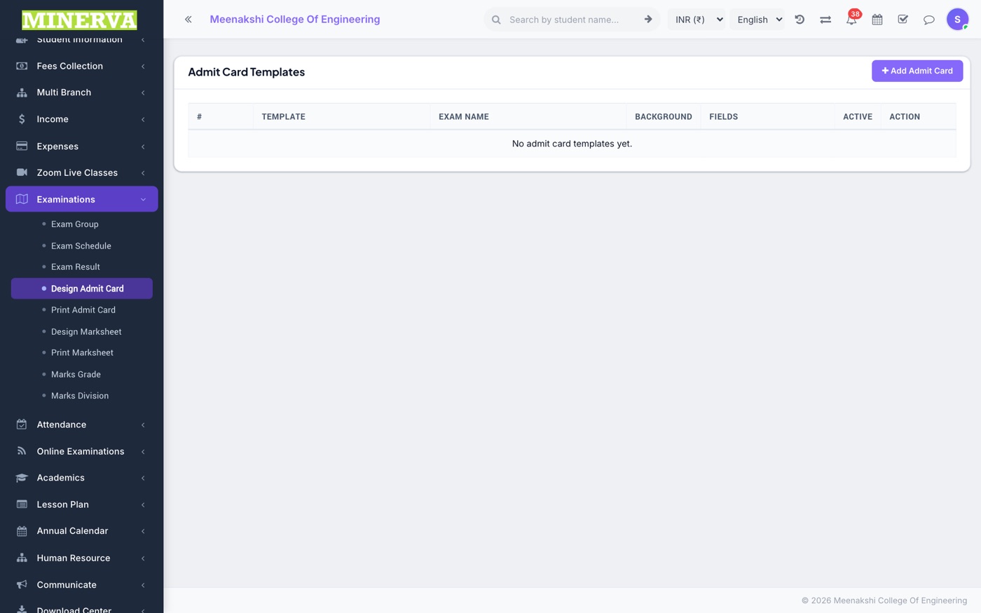 Admit Card — Design & Print screen