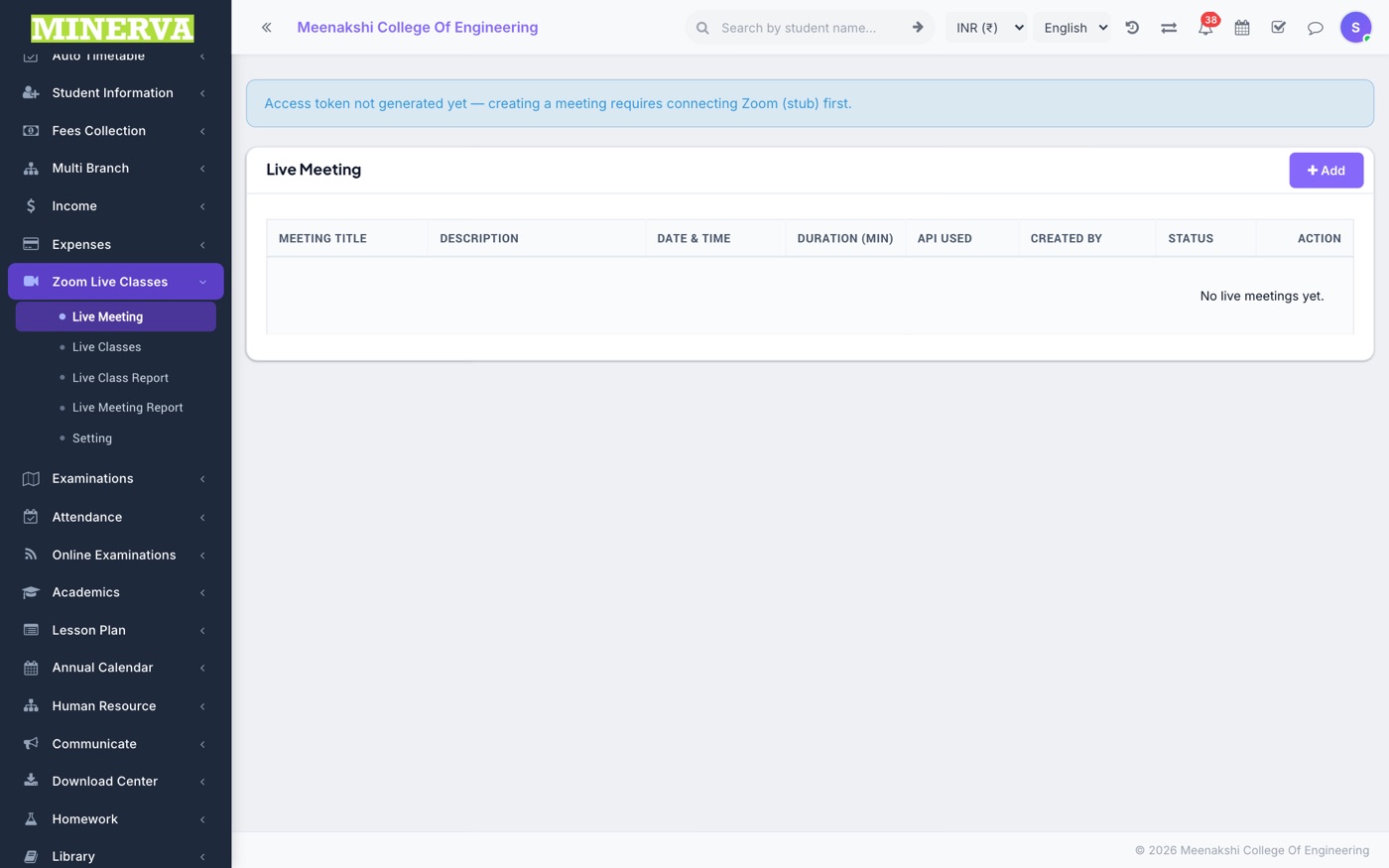 Live Meetings screen