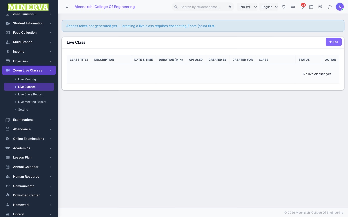 Live Classes screen