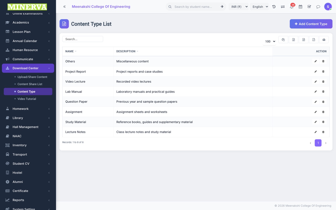 Content Type screen