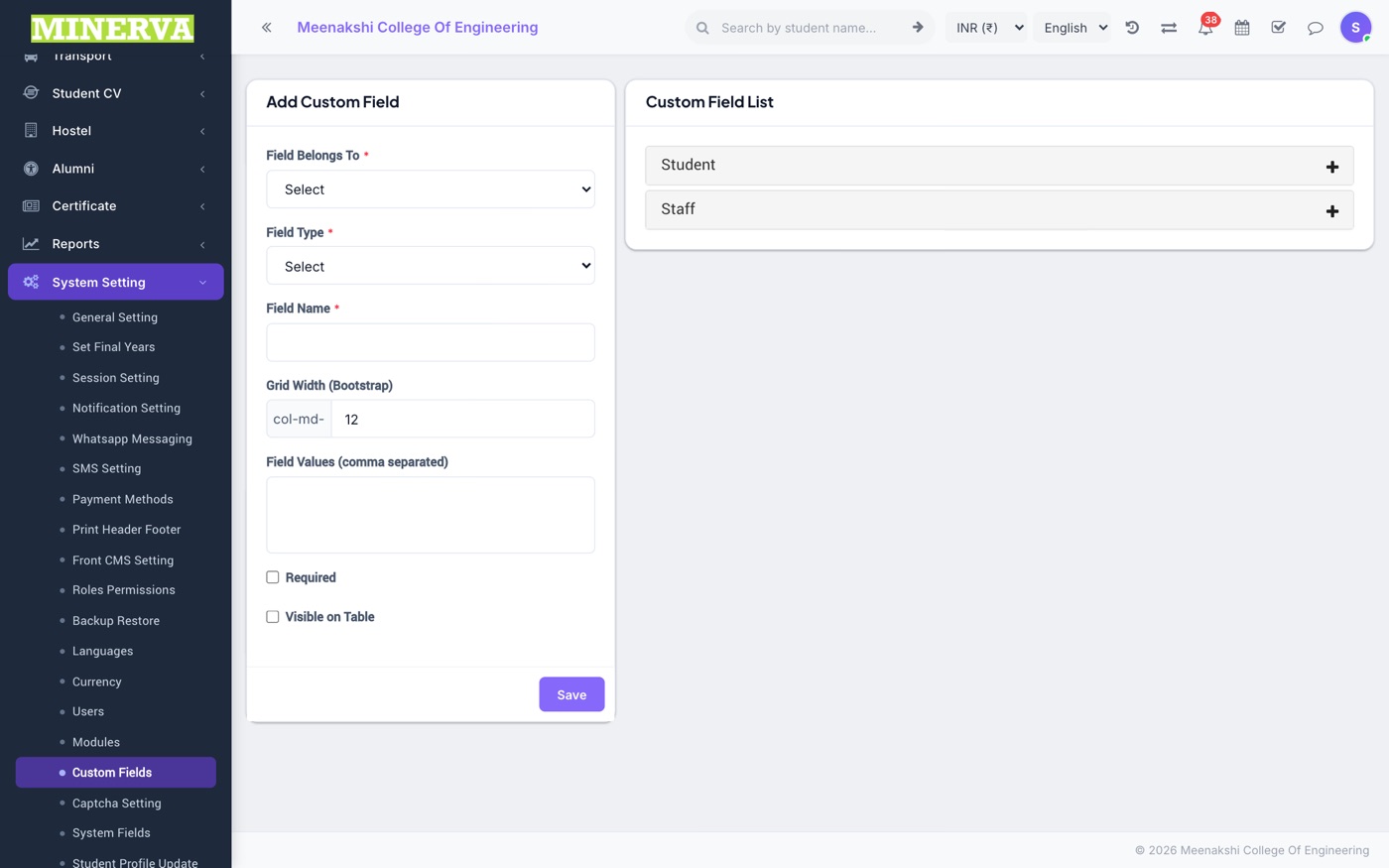 Custom Fields screen
