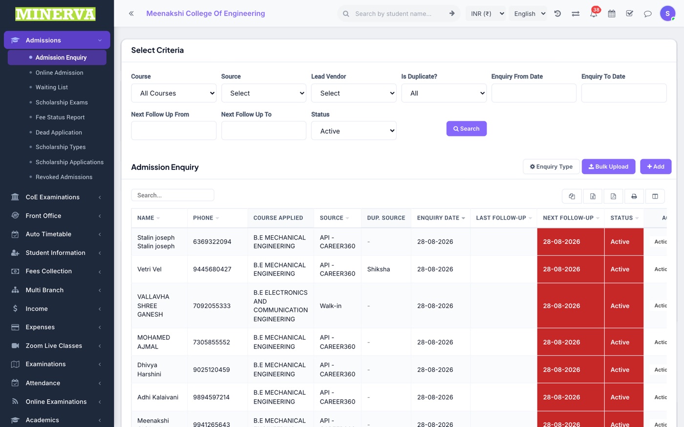 Admission Enquiry screen