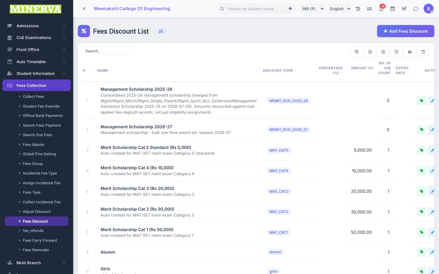 Fees Discount & Adjust screen