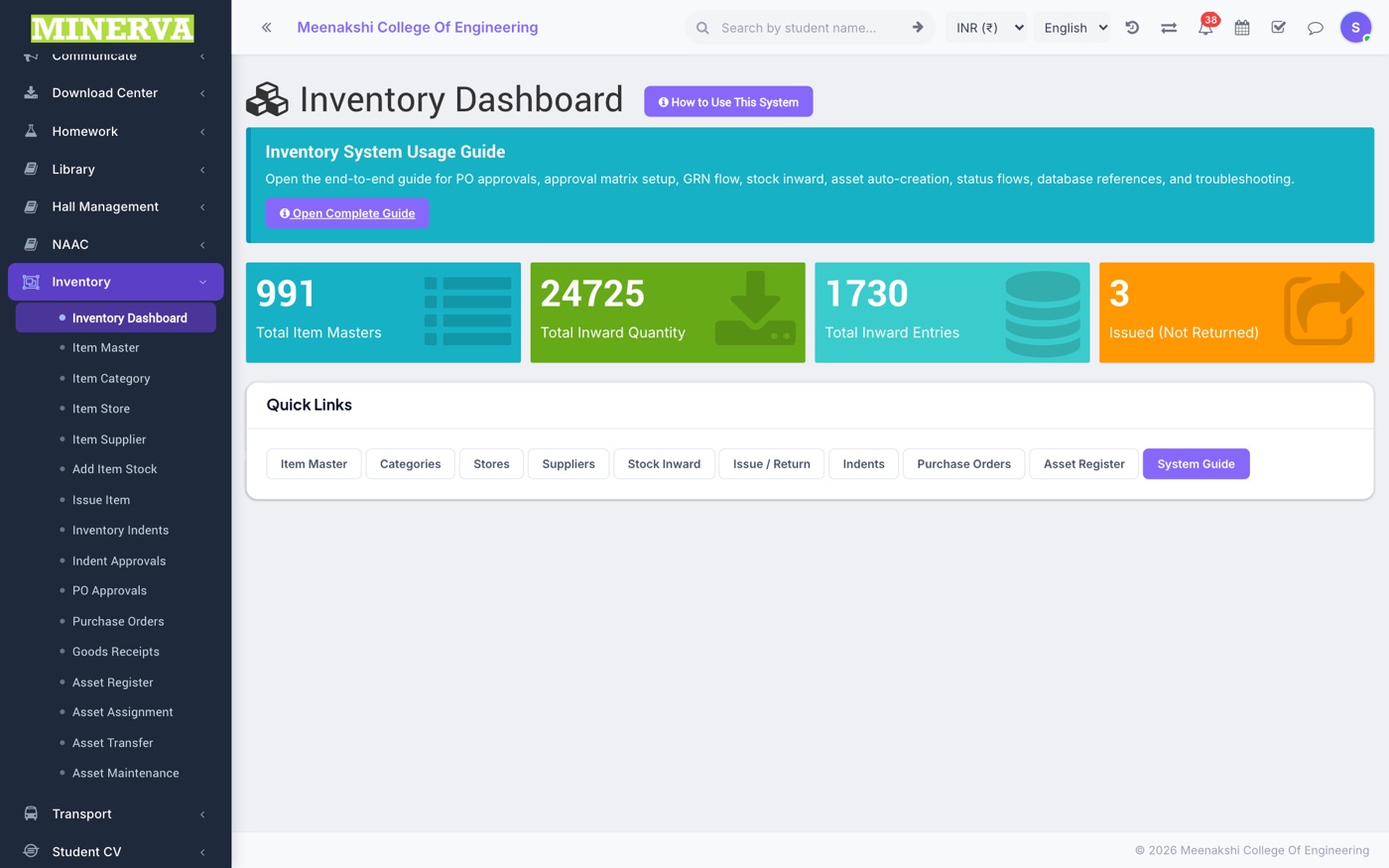 Inventory Dashboard screen