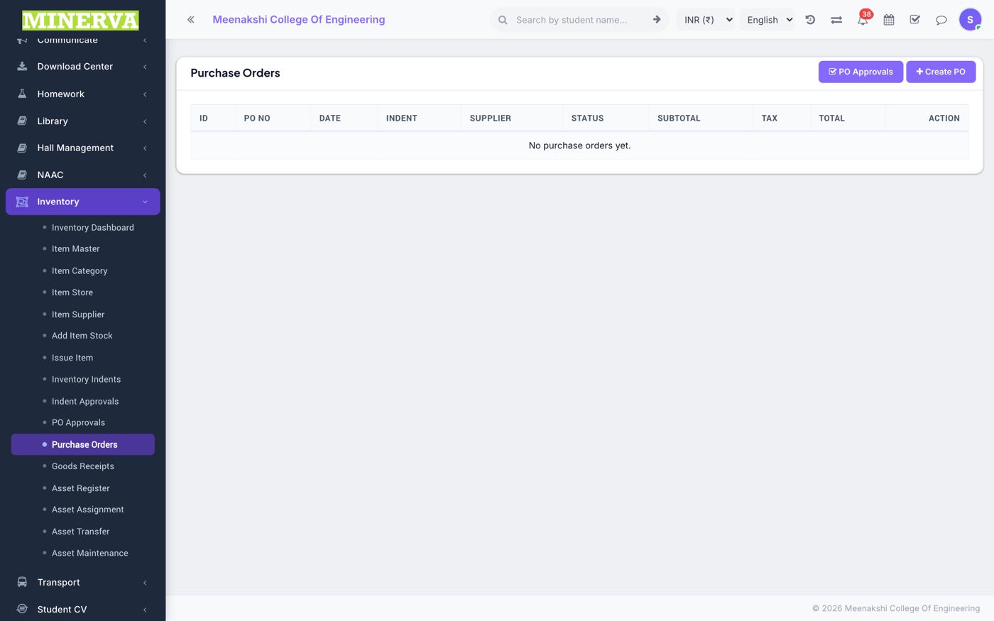 Purchase Orders & Goods Receipts screen