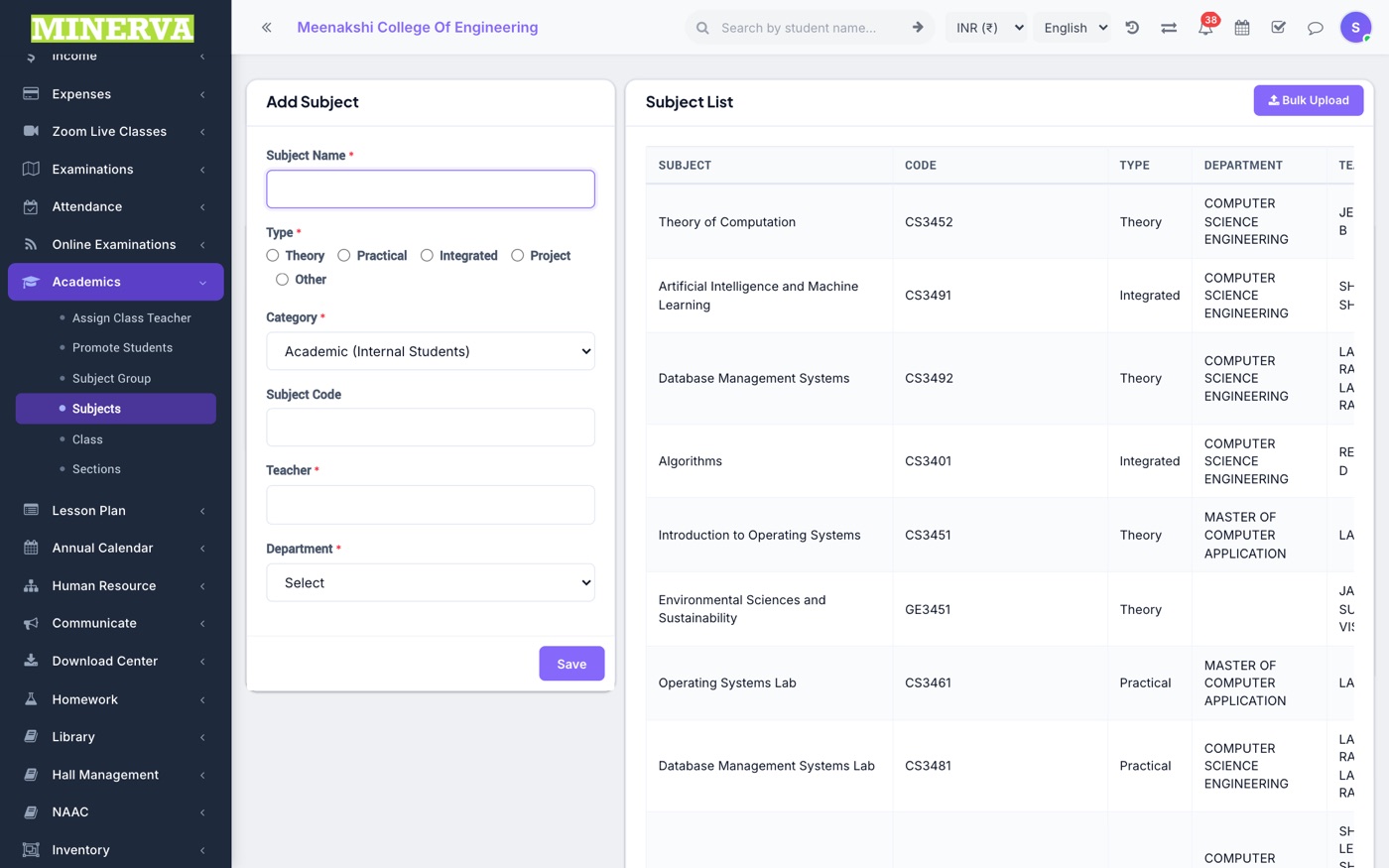 Subjects & Subject Groups screen