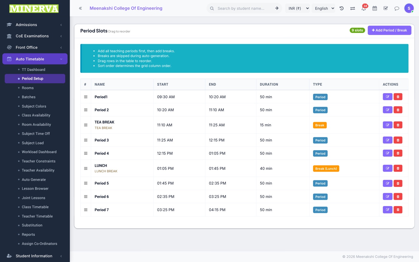 Periods, Rooms & Batches screen