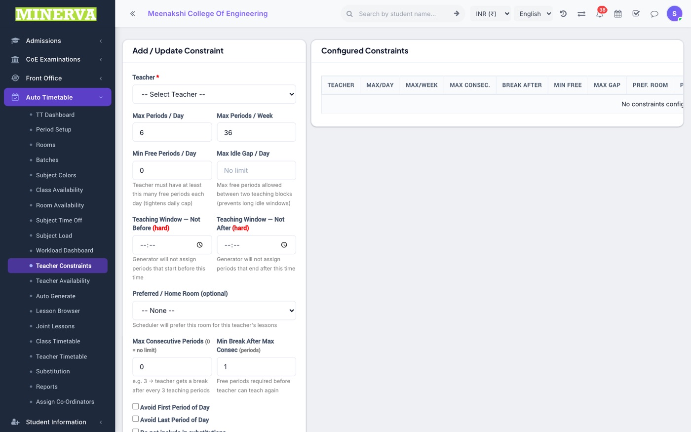 Availability & Constraints screen