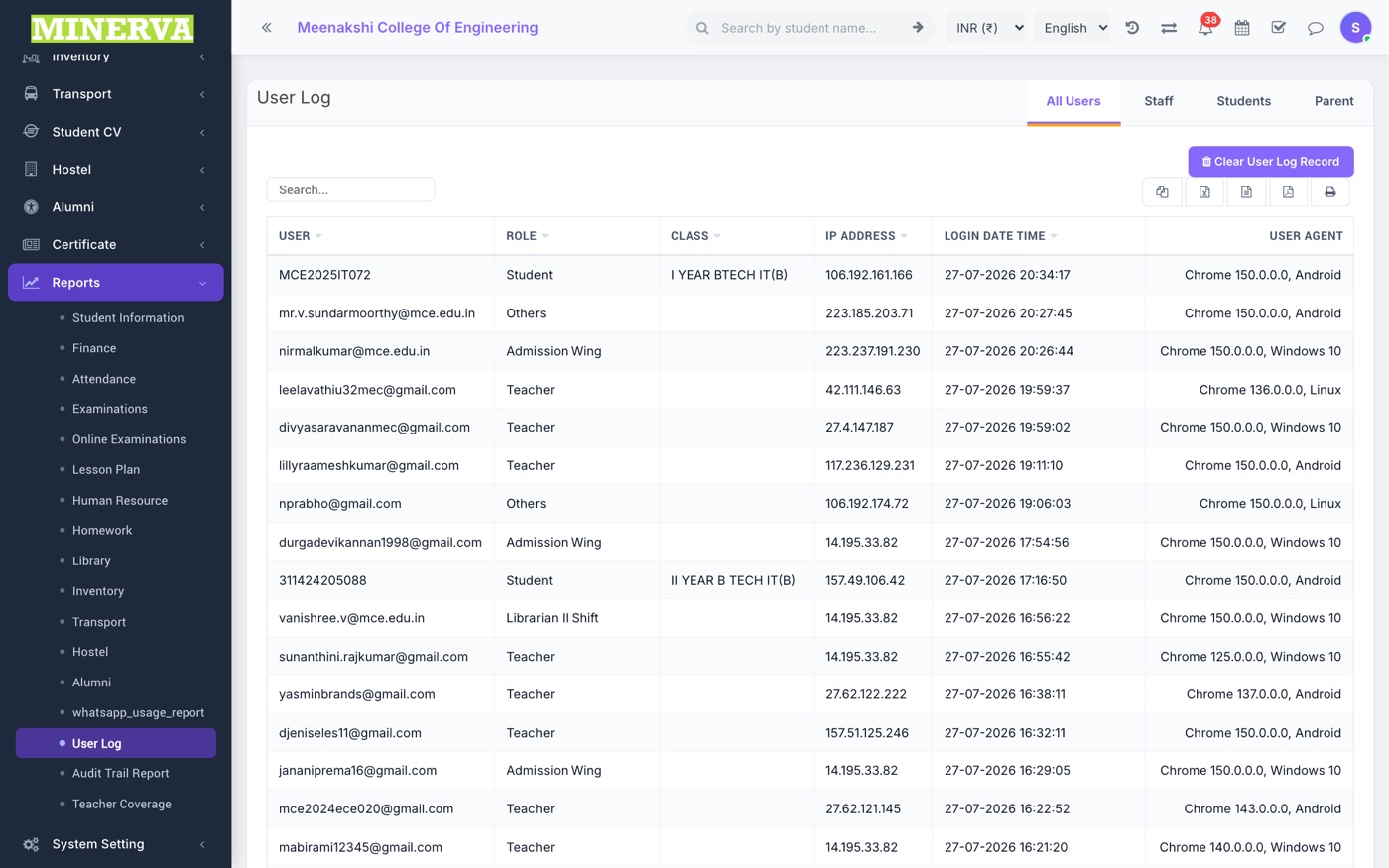 User Log & Audit Trail screen