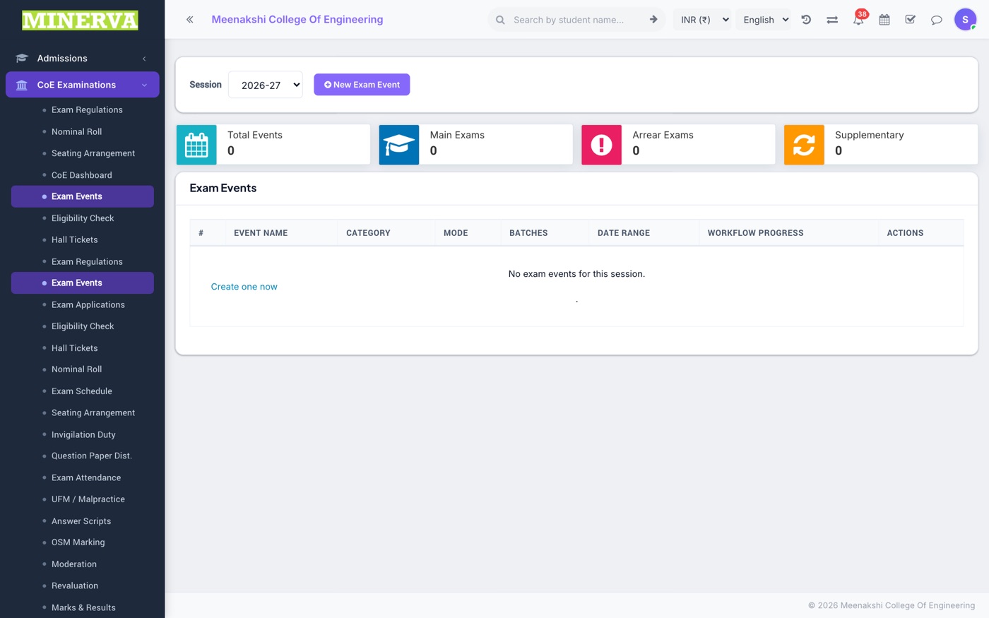 Exam Events & Applications screen