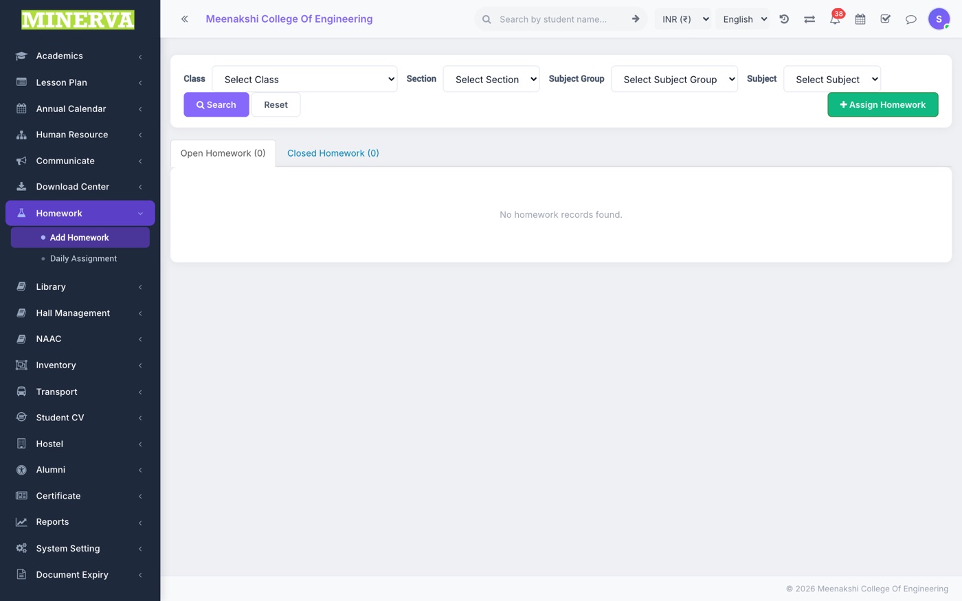Add Homework screen