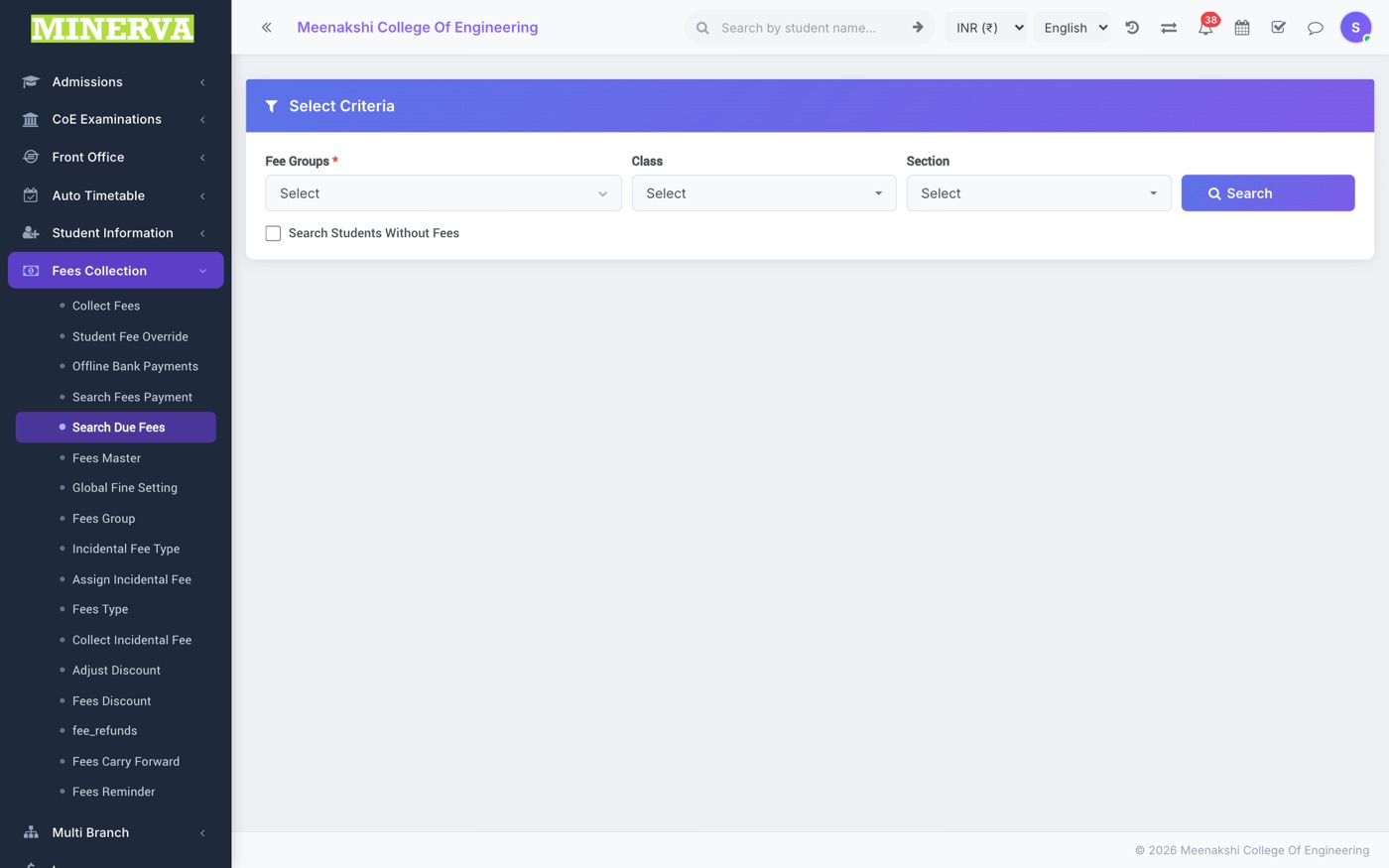 Search Fees Payment & Due Fees screen